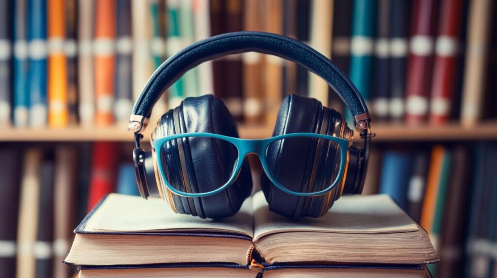 livre casque audio et lunettes